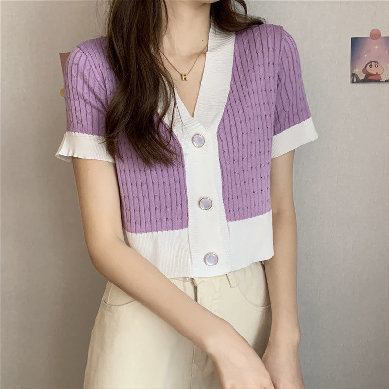 Retro V-neck Short-sleeve Knit Women's Summer Korean Loose Crop Top