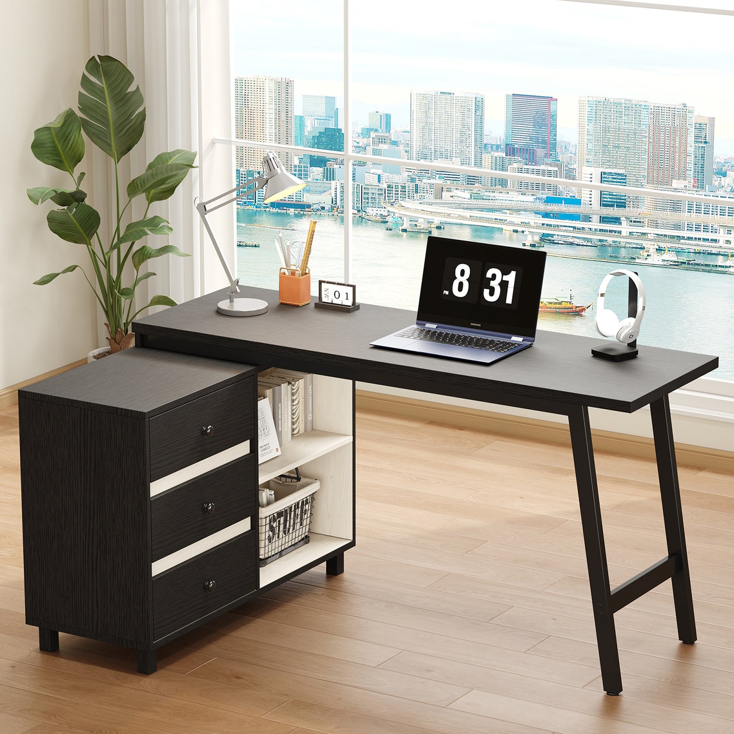 150 X 100 X 76 Cm L-shaped Desk With Three Drawers, Two Open Storage Compartments, Tubular Steel Legs, Spacious Table Top, Black And White.