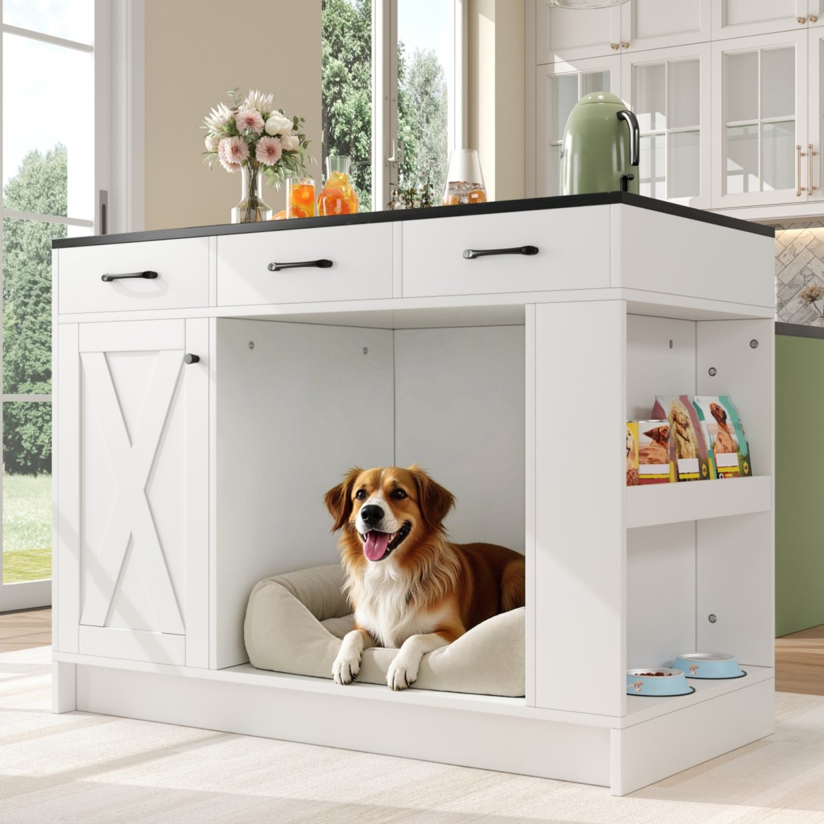 Kitchen Island, Cabinet With 3 Drawers, 1 Spice Rack, Adjustable Shelf Top, Double Shelf Without Dog Food Plate, Spacious Pet Storage Area Without Dog Cushion, 120x60x90 Cm, White