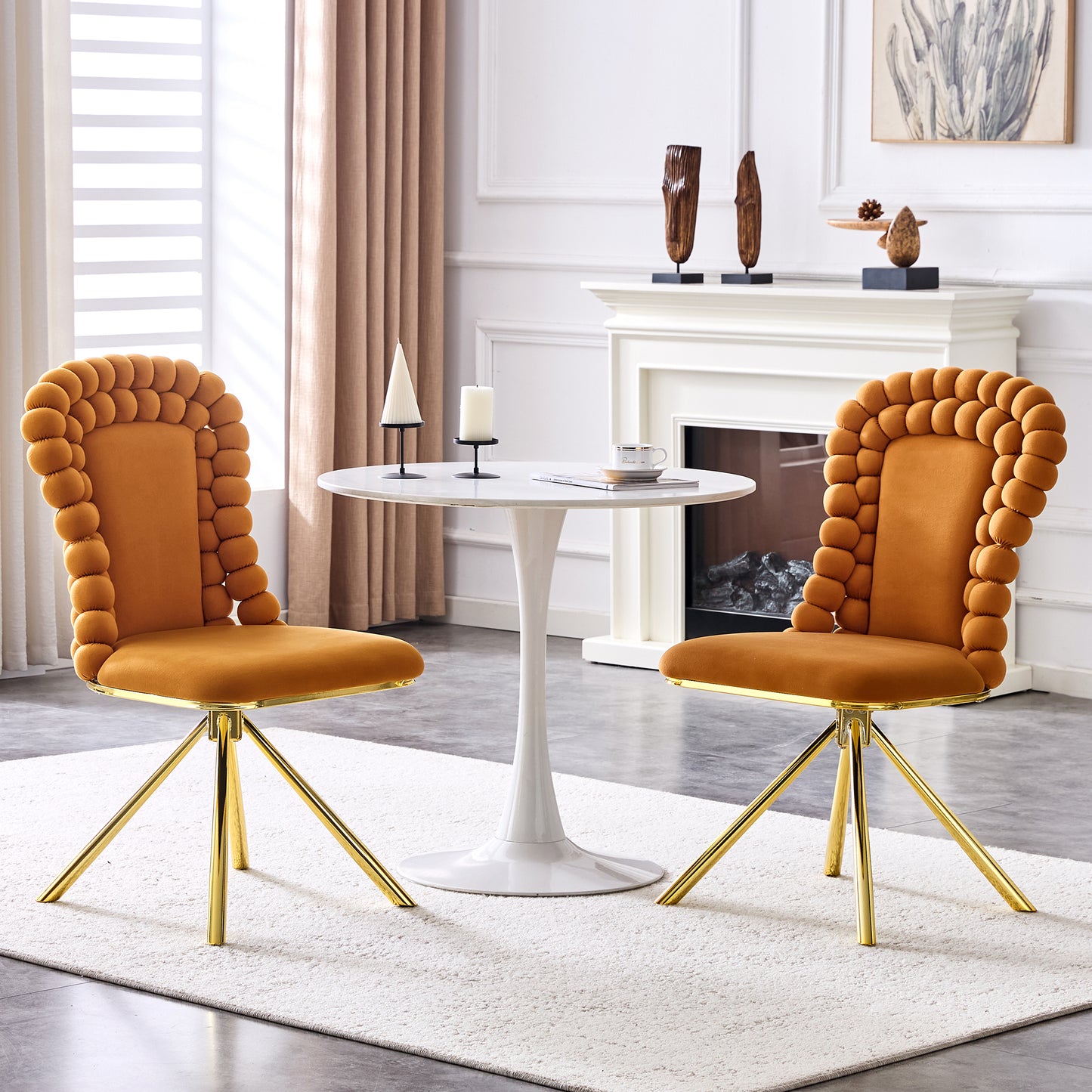 Set Of 2 Orange Puffy Bubble Chair Ball Chain Chair Velvet Dining Chairs With Gold Legs, Modern Upholstered Accent Chairs For Dining Room & Kitchen