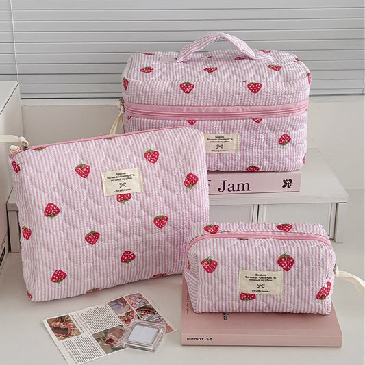 New Quilted, Exquisitely Printed, Large-Capacity Strawberry-Striped Makeup Bag