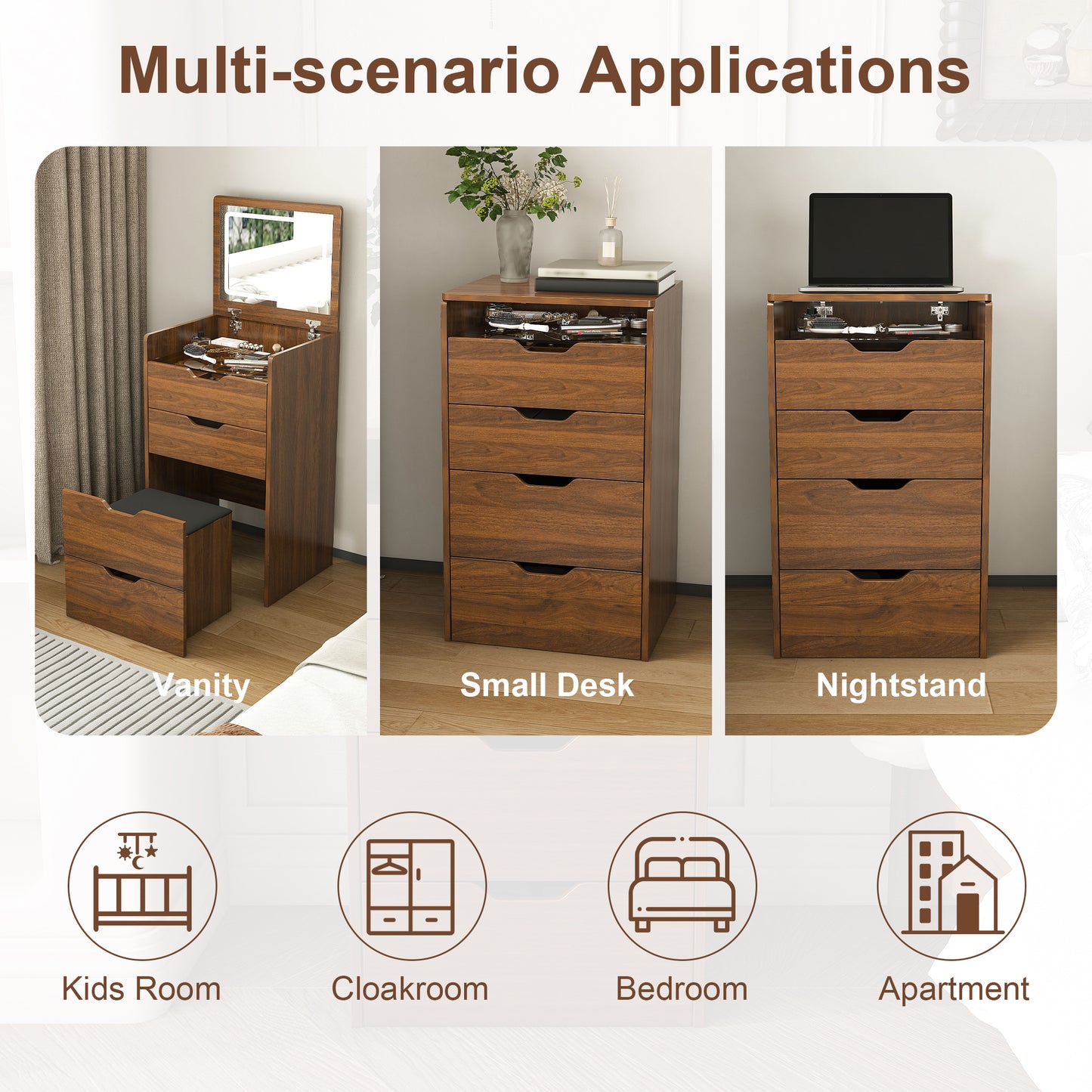 3-in-1 Vanity Desk With Lighted Mirror & Stool, Flip Top Makeup Dressing Table, Compact Storage For Bedroom, Bathroom, Dressing Room 18.9L, Walnut