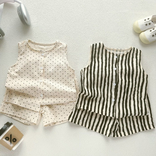 Korean-style Childrens Cotton-linen Thin Two-piece Set