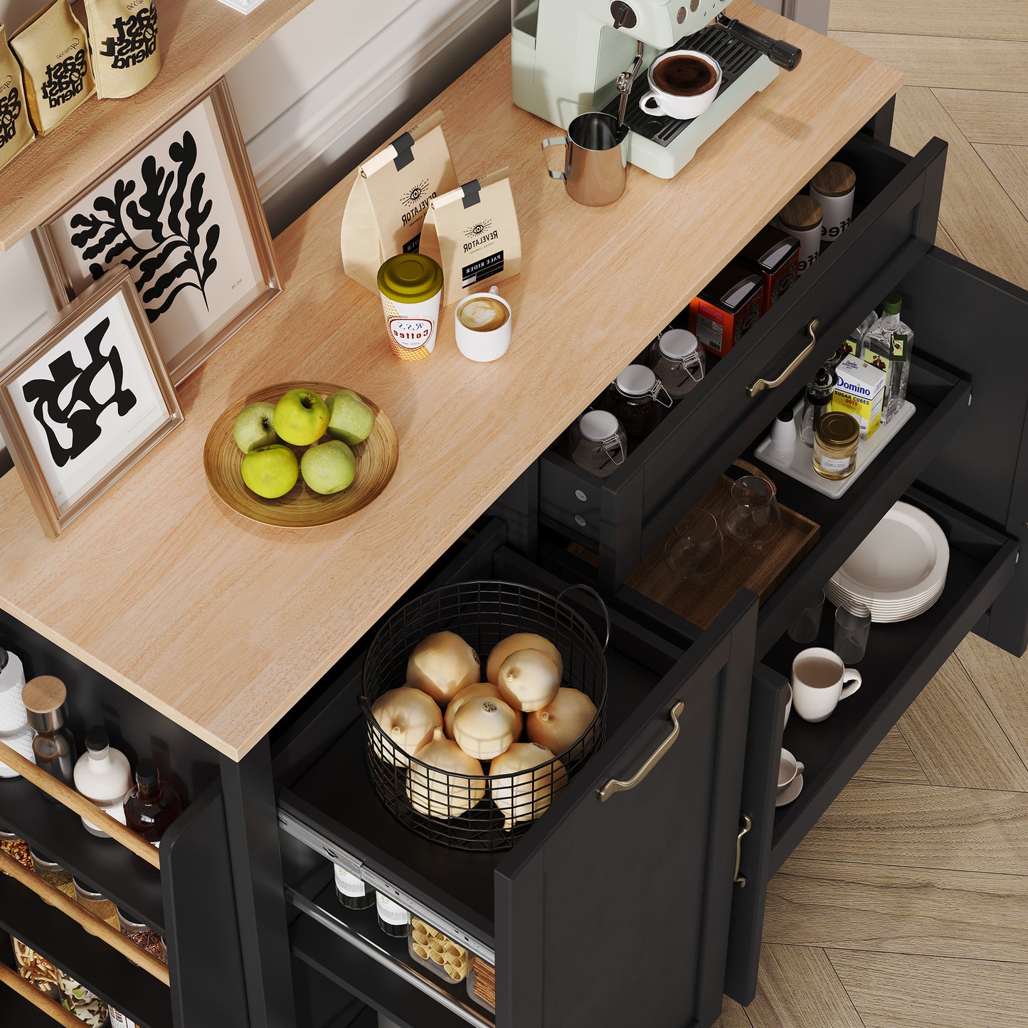 Modern Elegant Sideboard With 3 Doors And One Drawer, Buffet Cabinet With Pull-Out Shelves For Dining Room, Living Room And Kitchen  Black