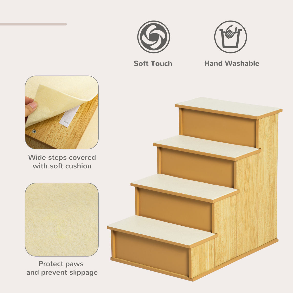 Pet Stairs, Small Pet Steps With Cushioned Removable Covering For Dogs And Cats Up To 22 Lbs, Natural