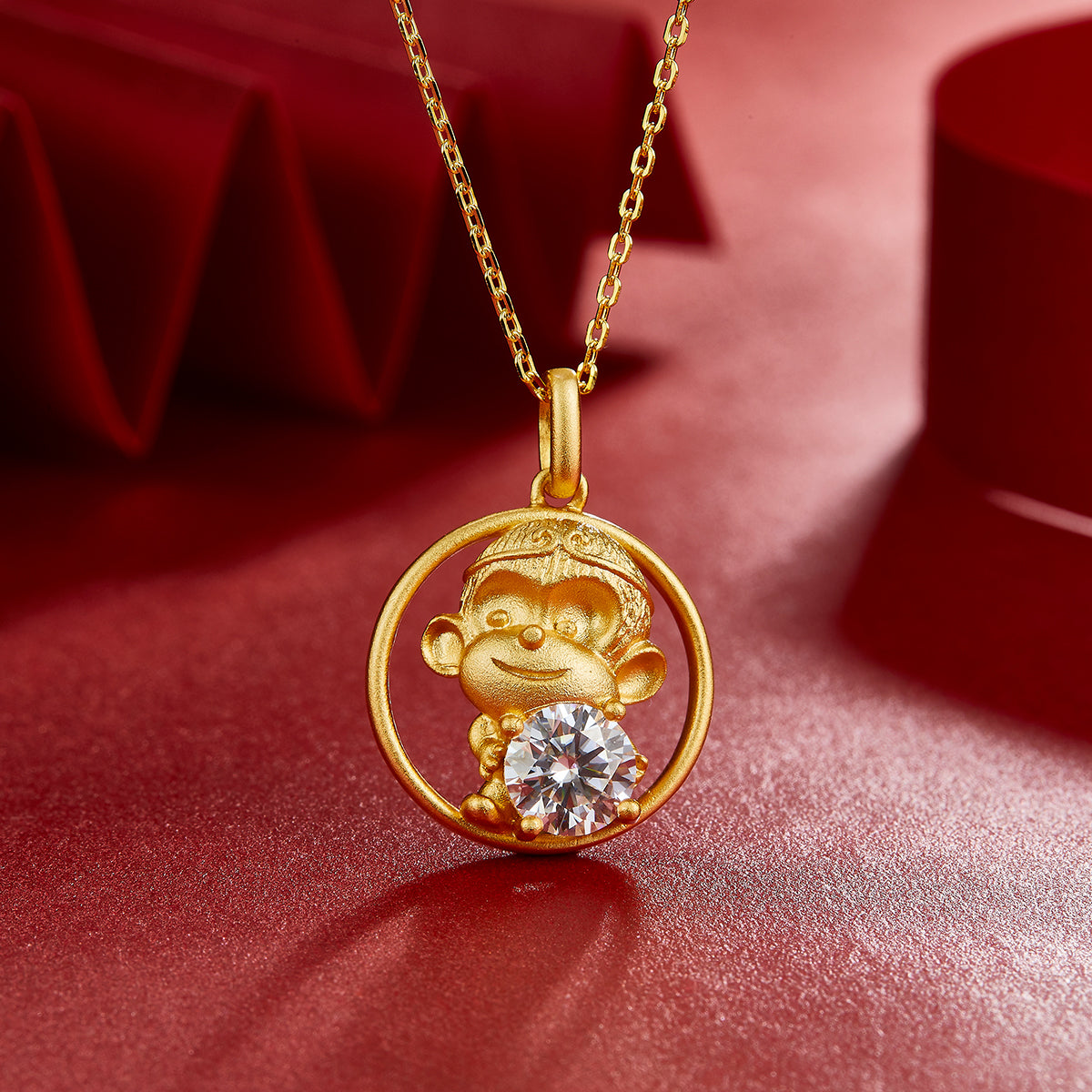 S925 Sterling Silver Gold Plated 1ct D Color VVS1 Moissanite Monkey Necklace 5.4g Chinese Zodiac Benmingnian Gift GRA Certified Gift Box