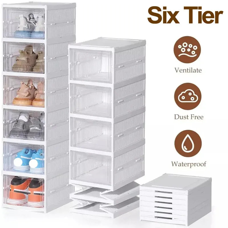 6 Layers Shoes Storage Box Transparent Sneaker Shoes Box Foldable Dustproof Cabinet Shoe Organizers Space Saving Rack Shelf