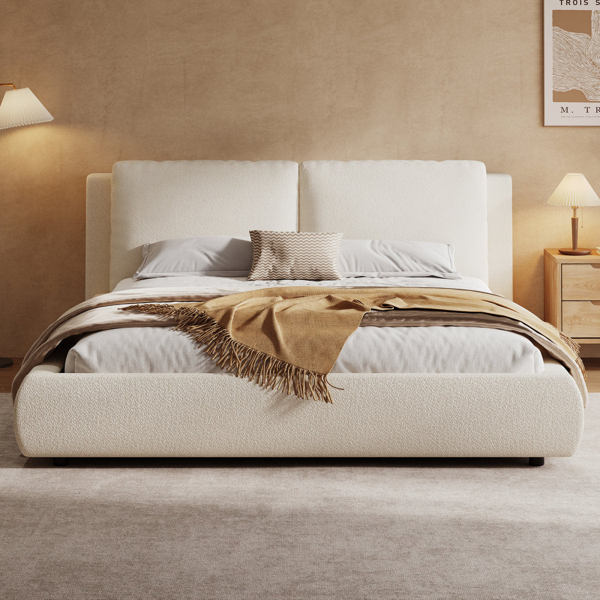 Upholstered Bed, Double Bed, 160x200cm, Hydraulic Functional Bed, Bed With Slatted Base, Headboard And Large Storage Space, Upholstered Headboard, Beige Boucle