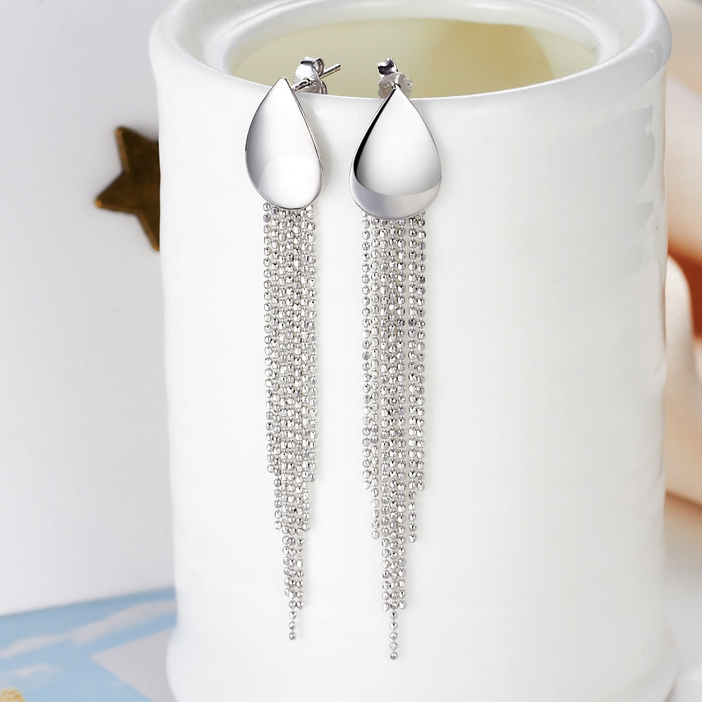1 Pair 999 Sterling Silver Waterdrop Metal Long Tassel Earrings, Shiny & Glamorous, Perfect For Party, Dating & Banquet, Ideal Valentine's Gift
