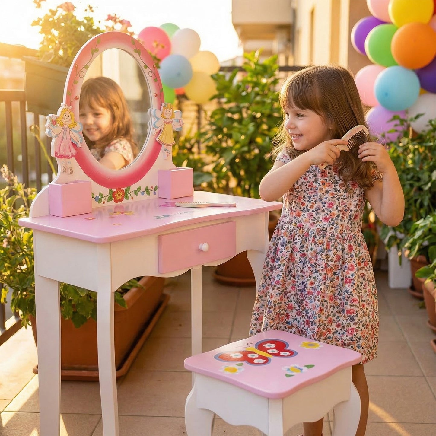 Kids Vanity Set Floral Printed Wooden Makeup Dressing Princess Table With Mirror And Stool For Role Playing Pink