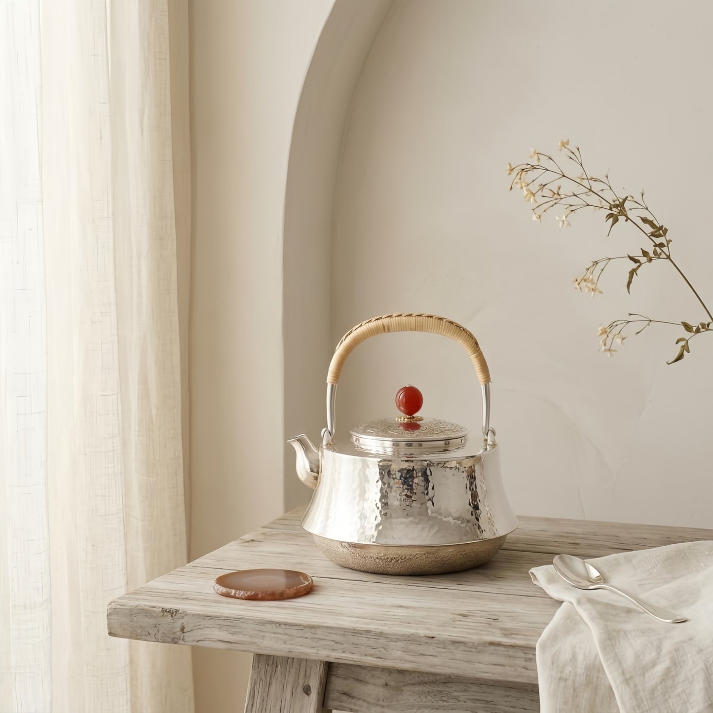 925 Sterling Silver Elegant Hand-Hammered Silver Tea Kettle with Woven Handle and Red Bead Ornament - Handicraft