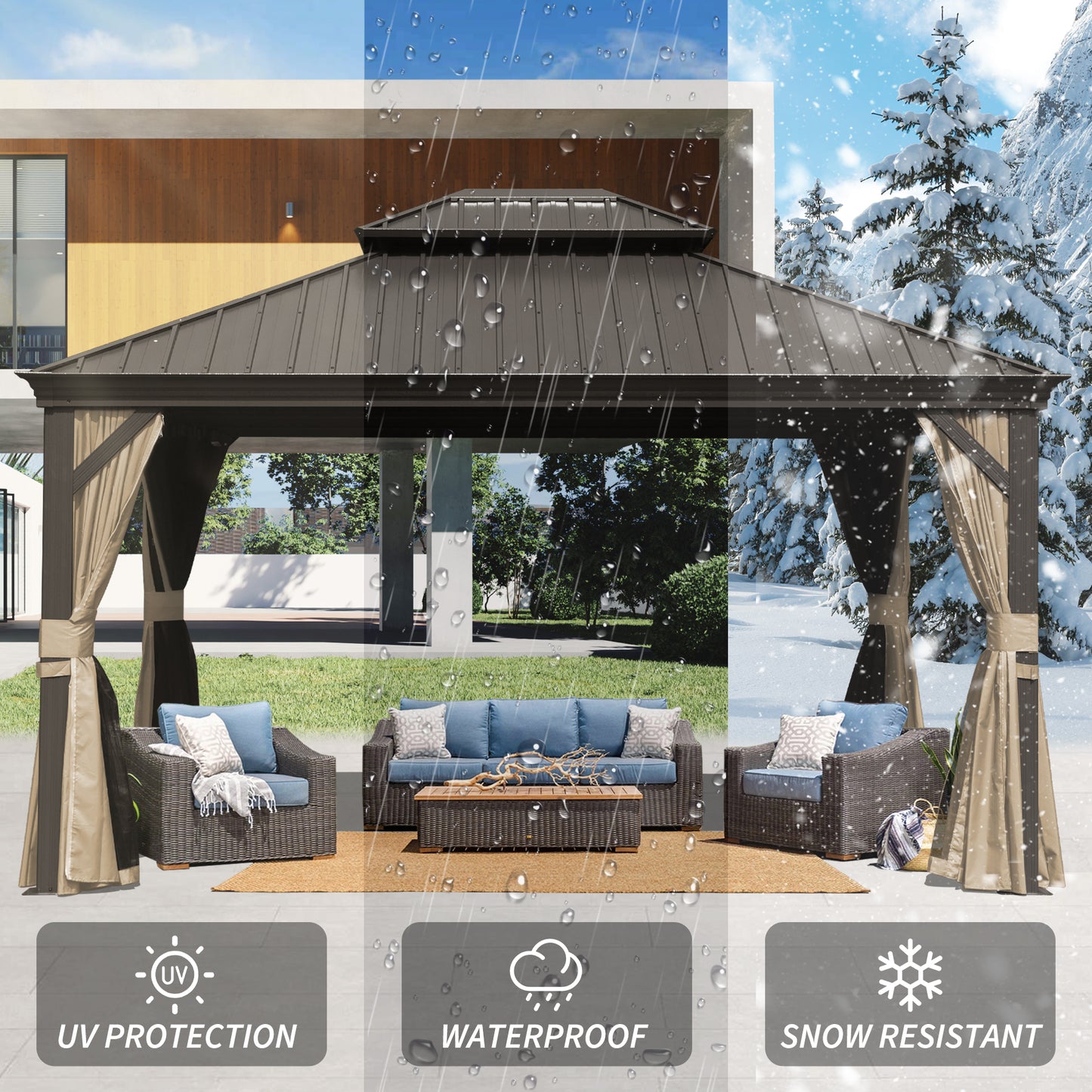 10   X 14   Hardtop Gazebo Permanent Outdoor Gazebo With Galvanized Steel Double Roof, Aluminum Frame, Curtains And Netting For Patio Lawn And Garden, Brown