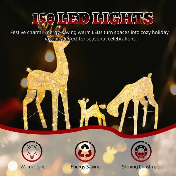 3-Piece Lighted Christmas Reindeer Family Set Outdoor Decorations, Weather Proof Deer Family Set Of 3 Christmas Ornament Home Decor Pre-lit 280 LED Warm White Lights, White