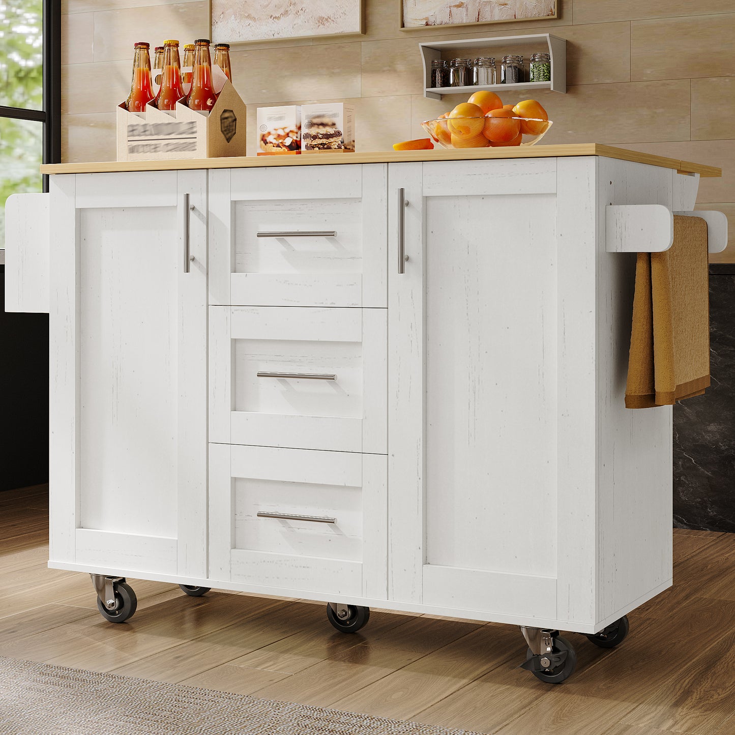 Kitchen Island, Removable Dividers, Castors Removable As Kitchen Cabinets, Dining Trolley With Worktop, Buffet Cabinet, Dining Trolley With Wood Grain, Side Towel Rail With Wheels, White