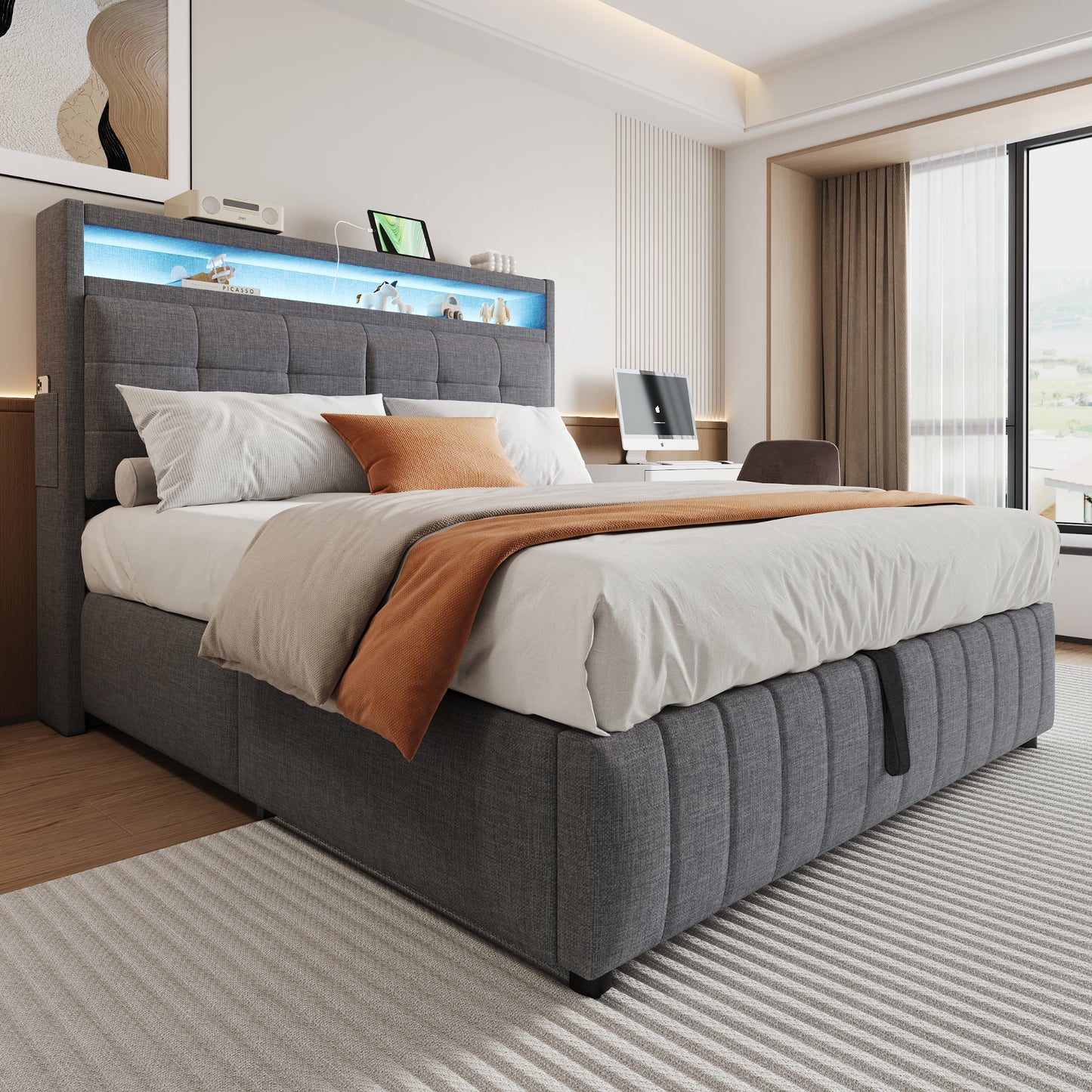 Upholstered Bed 160x200 Cm, With LED Lighting And USB Socket, Headboard With Shelves And Storage Space, With Hydraulic Storage With Storage Compartments, Double Adult Bed With Slatted Base, Linen Fabr
