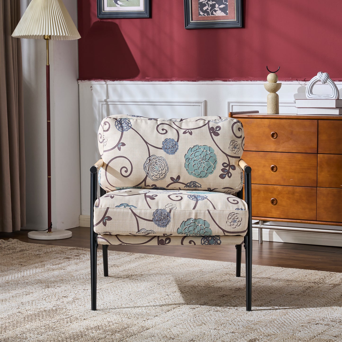 27.56  Modern Accent Chair With Plush Cushions, Minimalist Metal Frame, And Wooden Armrest Design  Perfect For Cozy Living Room, Bedroom, Or Office Seating