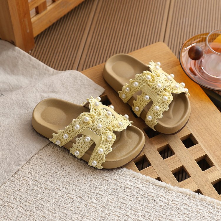 2026 Summer New Korean Style Girls Pearl Lace Slide Sandals Princess Beach Flat Slippers Match Dress