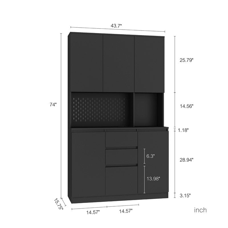 Tatub 74in Pantry Cabinet W Power Outlet, Kitchen Hutch W Storage & Microwave Shelf, Black Kitchen Pantry Storage Cabinet W LED Light Strip