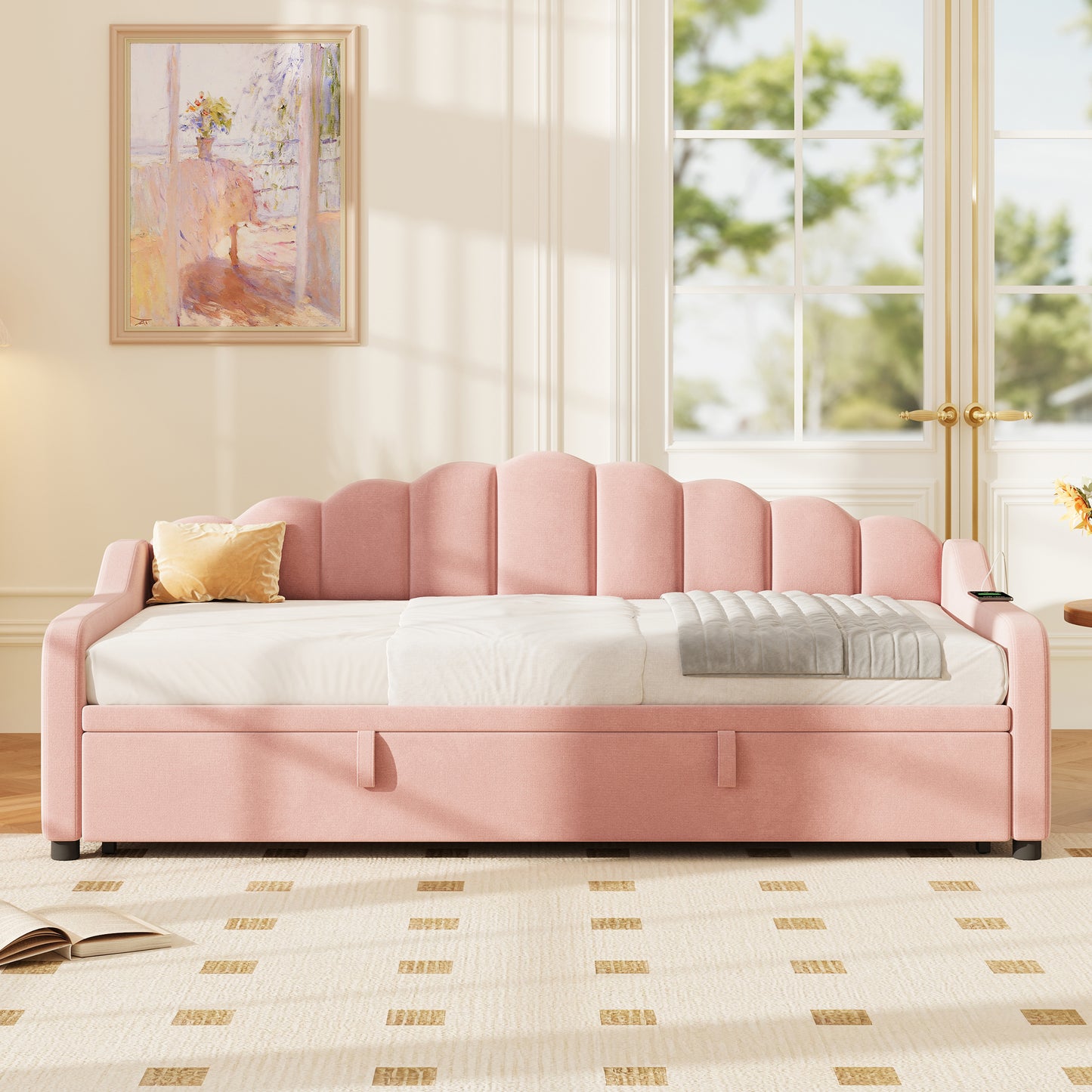 3ft Single Daybed With Pull-out Trundle, Velvet Upholstered Sofa Bed With Side Charging Station & Storage Pockets, Chic Fluted Scalloped Backrest No Mattress