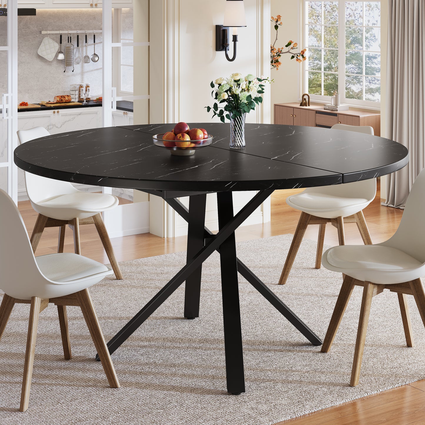 Round Extendable Table With Marble Look - 100 Cm  Extendable To 140 Cm  X 75.5 Cm High - With Sturdy X-shaped Metal Frame In Black - Ideal As A Kitchen Table Or Breakfast Table