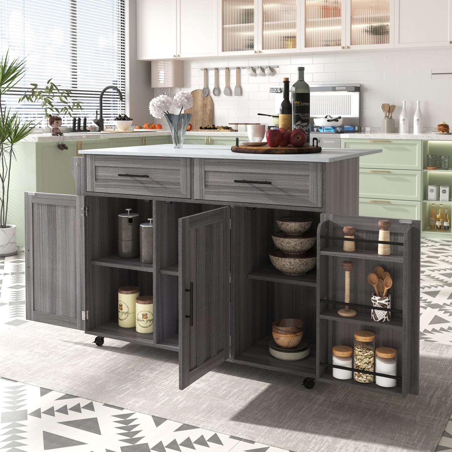 129x46 X91.5 Cm Dining Cart Dining Sideboard, White Marble Countertop And Khaki Gray Wood Grain Cabinet Extendable Countertop Storage Door Design Wheels Solid Wood Legs Switchable Ideal For Home