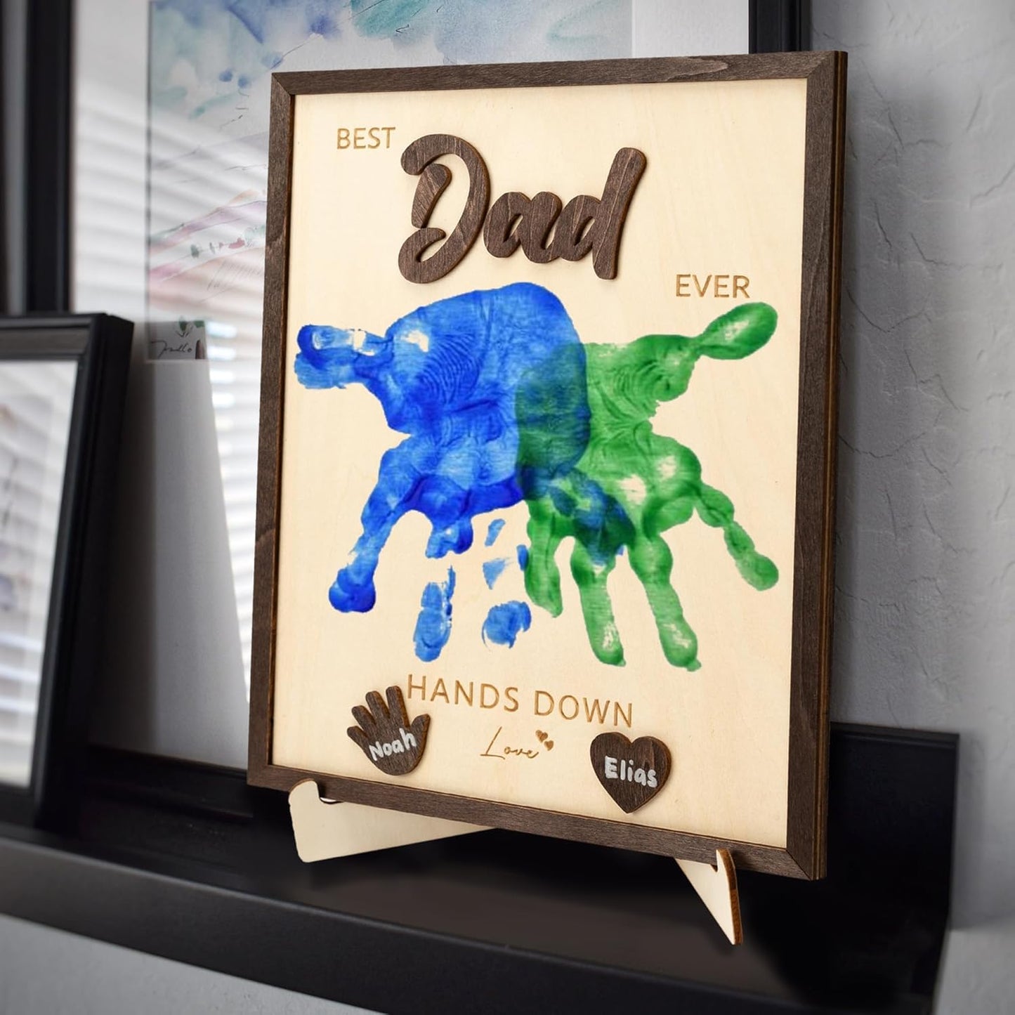 Personalized Best Dad Ever Hands Down Wooden Handprint Sign, Custom DIY Handprint Plaque With Detachable Name Cutouts, Father's Day Birthday Keepsake Gift For Dad Papa Grandpa From Kids Son Daughter