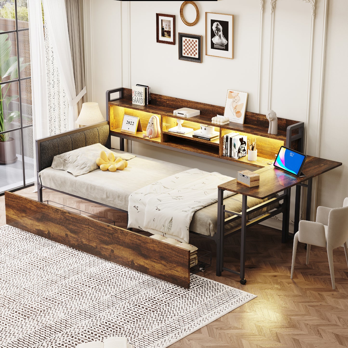 Iron Sofa Bed 90 X 200 Cm, With LED Lighting And Storage Space, With Drawers And Multifunctional Socket, Fold-out Desk, Soft Backrest, Single Bed, Wood Colour