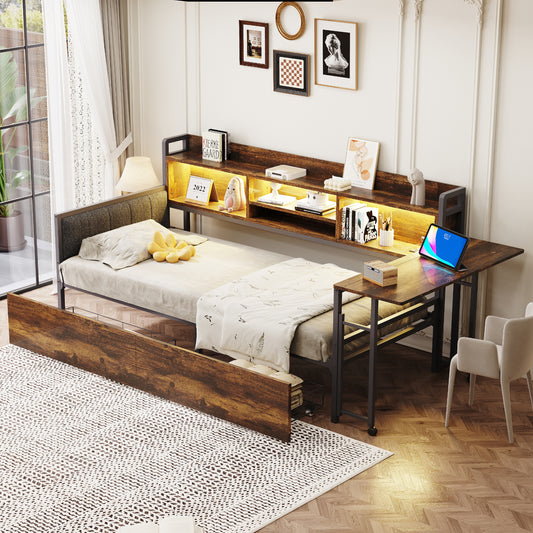 Iron Sofa Bed 90 X 200 Cm, With LED Lighting And Storage Space, With Drawers And Multifunctional Socket, Fold-out Desk, Soft Backrest, Single Bed, Wood Colour