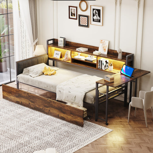 Iron Sofa Bed 90 X 200 Cm, With LED Lighting And Storage Space, With Drawers And Multifunctional Socket, Fold-out Desk, Soft Backrest, Single Bed, Wood Colour