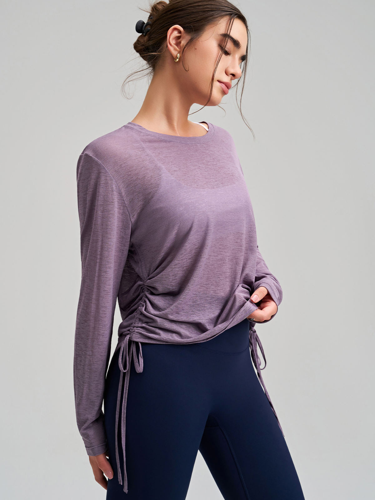 New Outerwear Crew Neck Yoga Cover-up Long-Sleeve Hip-Covering Side Drawstring T-Shirt, Loose Breathable Workout Running Yoga Top