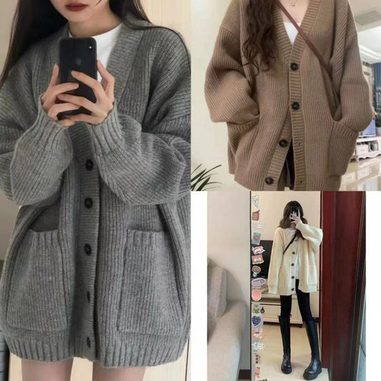 Womens Solid-color Loose-fit Korean-style Knitted Sweater
