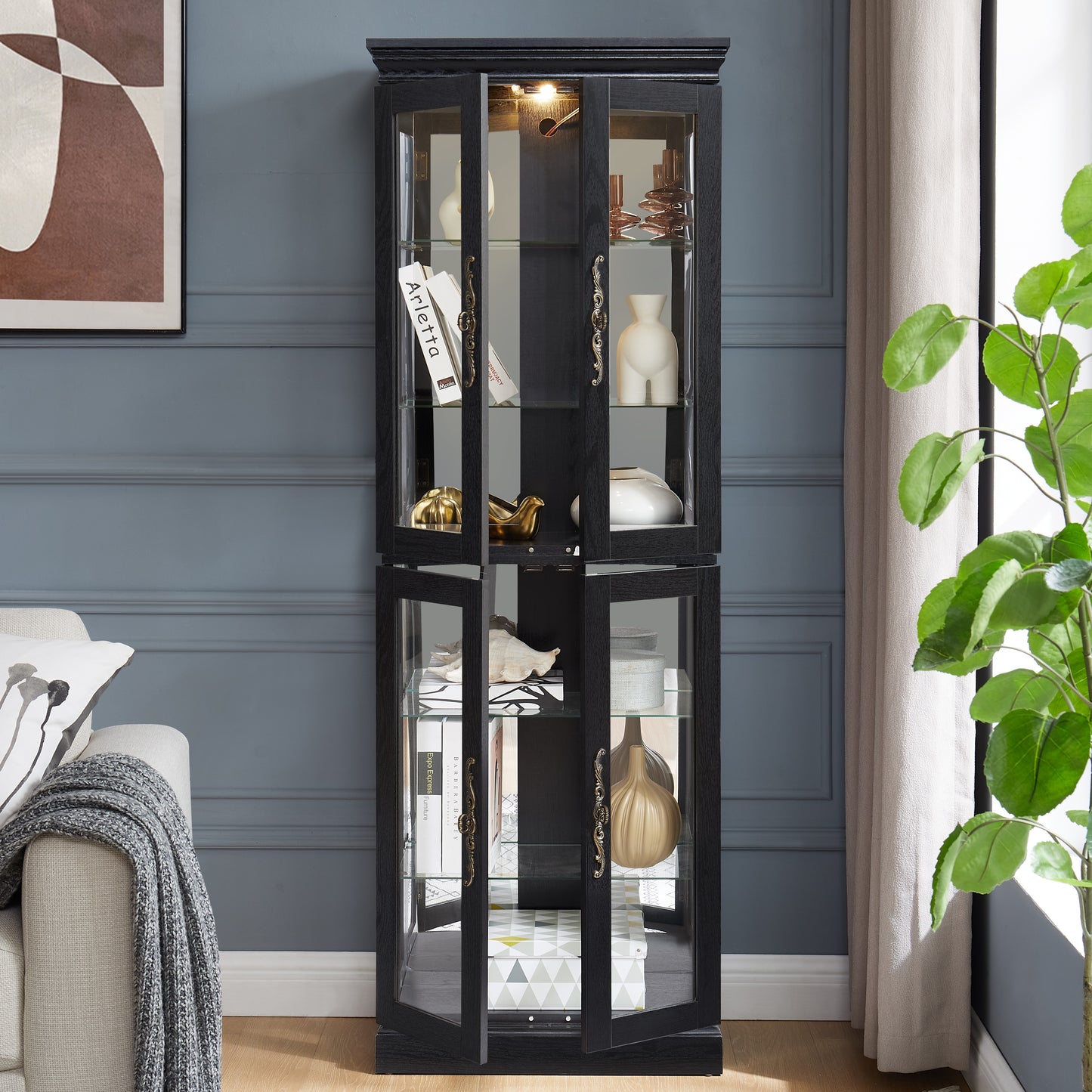Elegant Lighted Glass Curio Display Cabinet - Wooden Frame Storage For Living Room, Kitchen & Pantry - Includes Light Bulb - Ideal For Wine, Toys & Collectibles - Black