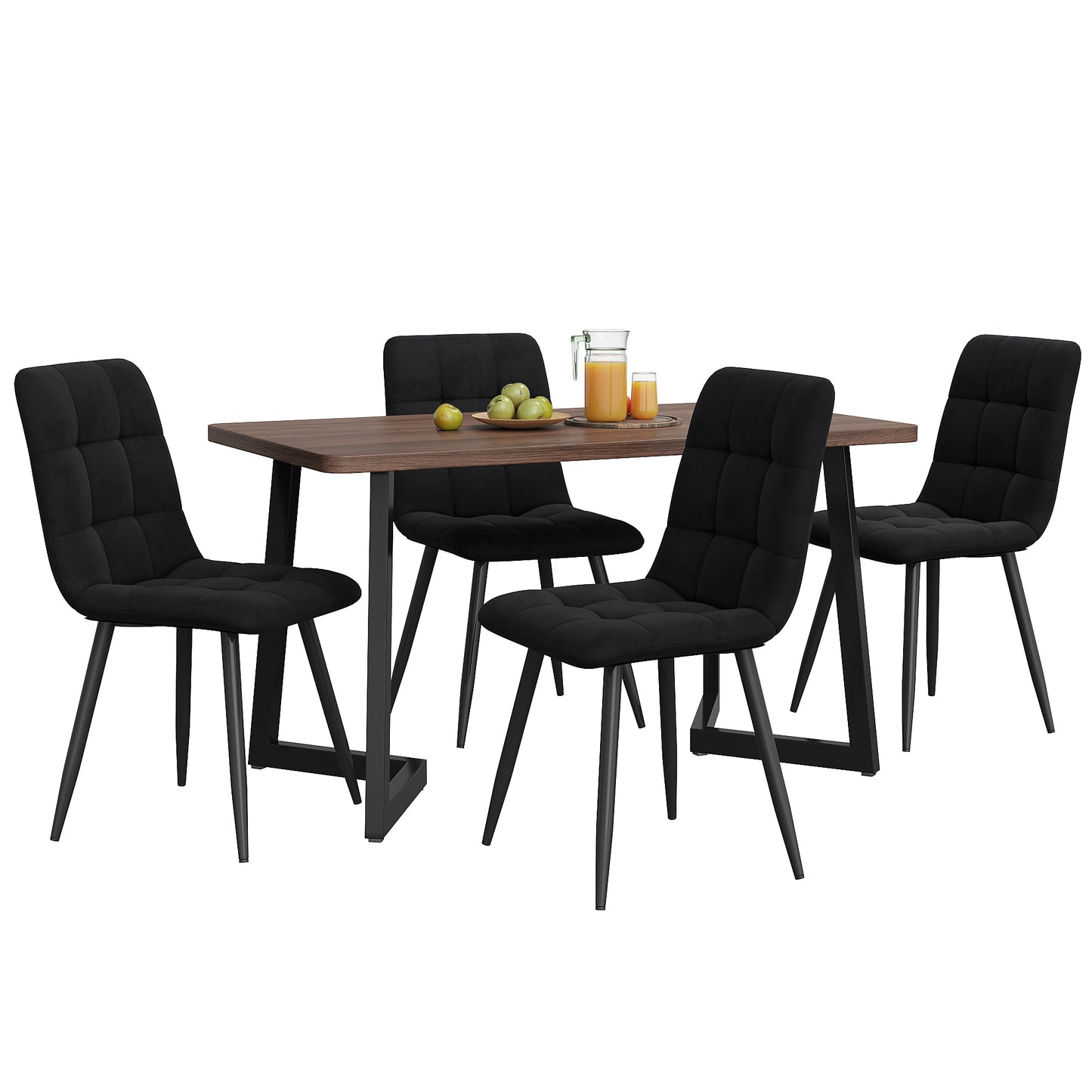 Dining Set  5 Pcs ,Dining Table With 4 Chairs Set, Modern Kitchen Table Set, Wood Grain Kitchen Table With Black Metal Legs, MDF Table Top In Walnut Color,Black Velvet Dining Chairs