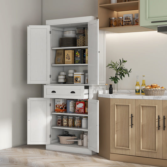 72.5" Kitchen Cabinet, Pantry Storage Cabinet With Doors And Shelves, Freestanding Food Pantry Cabinet, White Wood Grain
