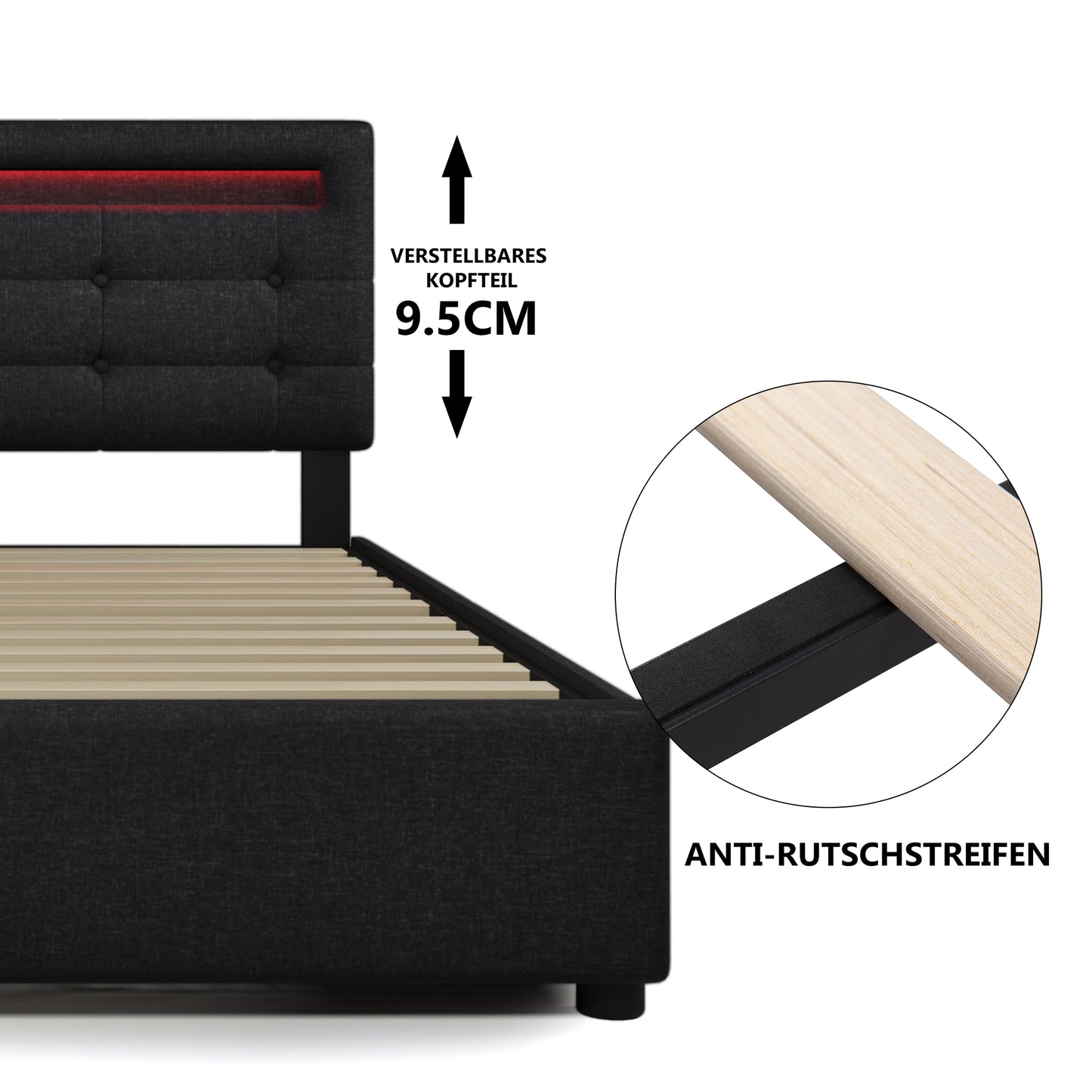 Bed Frame With LED Lighting And 4 Drawers, Double Bed Upholstered Bed 140x200cm, Height-adjustable Headboard, Wooden Slatted Base, Black  Without Mattress