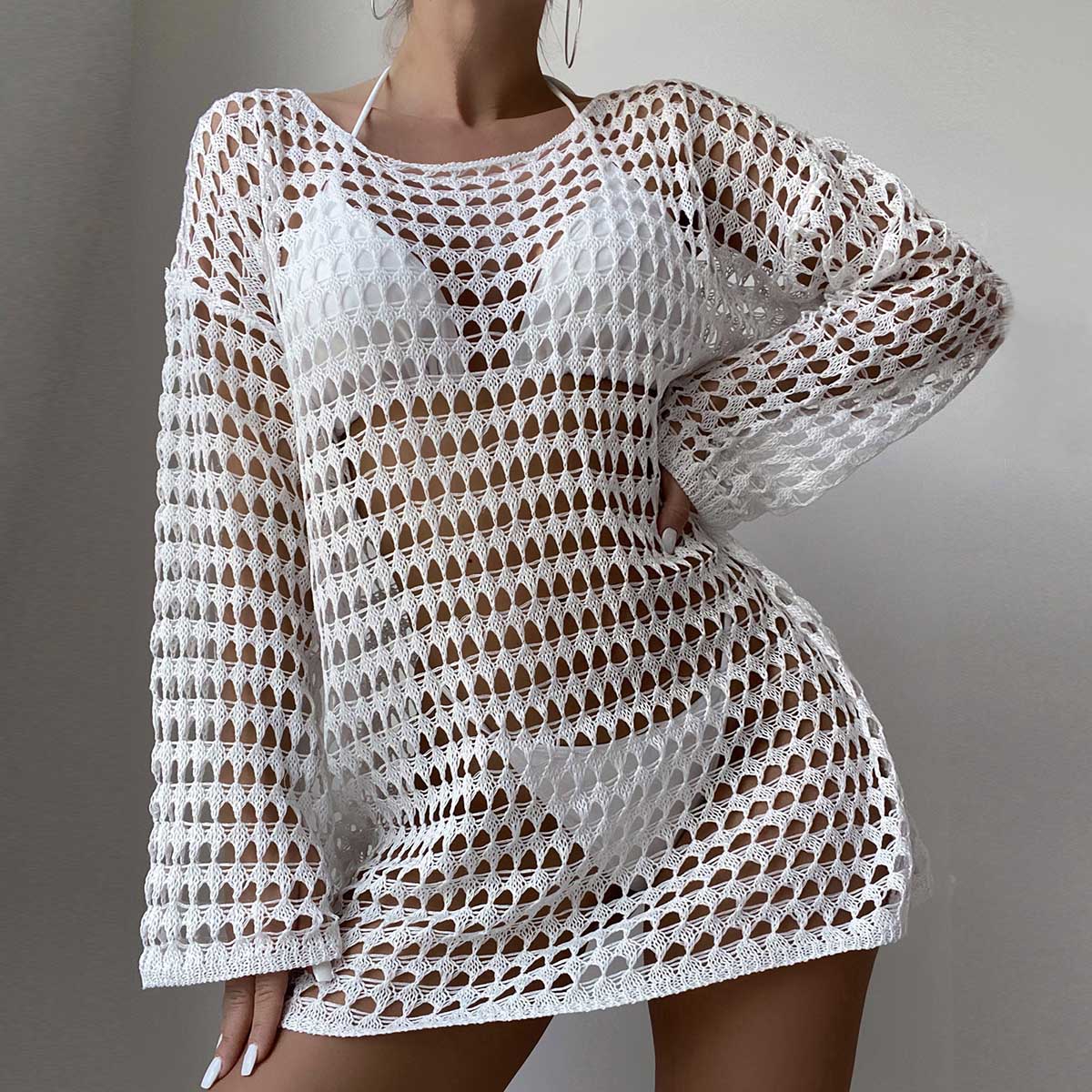 New Summer Women Knit Hollow Out Beach Dress, Crew Neck Long Sleeve Pullover Bikini Cover Up For Europe & America