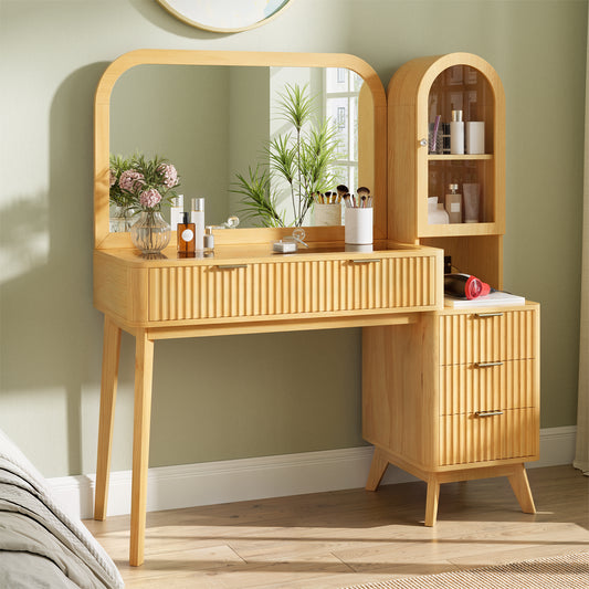48 Fluted Makeup Vanity Desk With Large 32  Mirror, Modern Glass Top Big Vanity Table With 4 Drawers & Storage Cabinet, Dressing Table Set W Charging Station For Bedroom, Natural