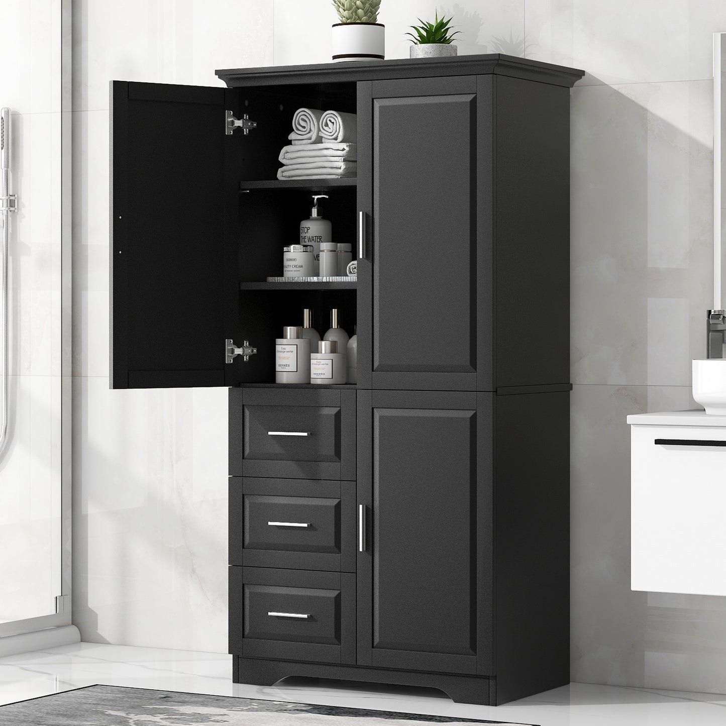 Tall And Wide Storage Cabinet With Doors For Bathroom Office, Three Drawers, Black