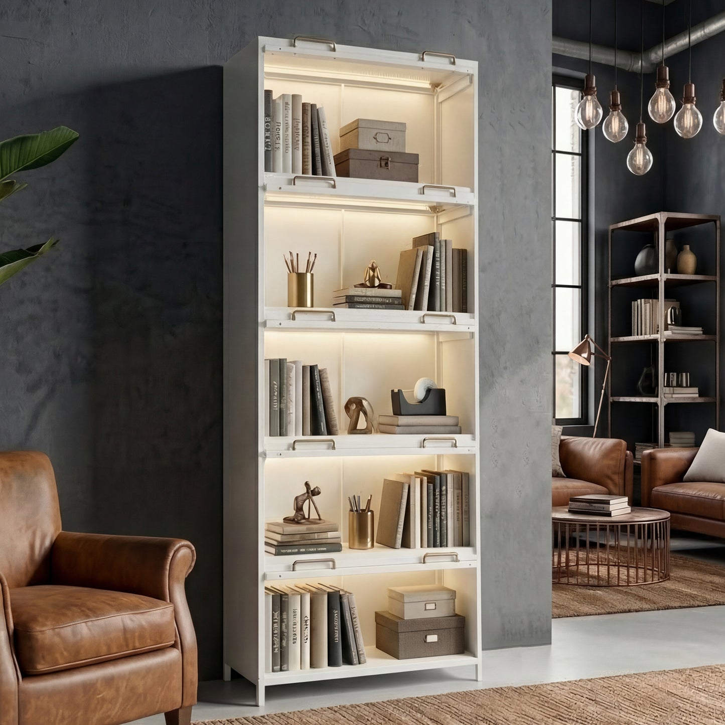 76.75  Tall Iron Display Cabinet With Glass Doors, 5-Tier Steel Barister Bookcase With LED Lights For Collectibles, Modern Style Curio Cabinet For Home Living Room Office Study & Playroom - White