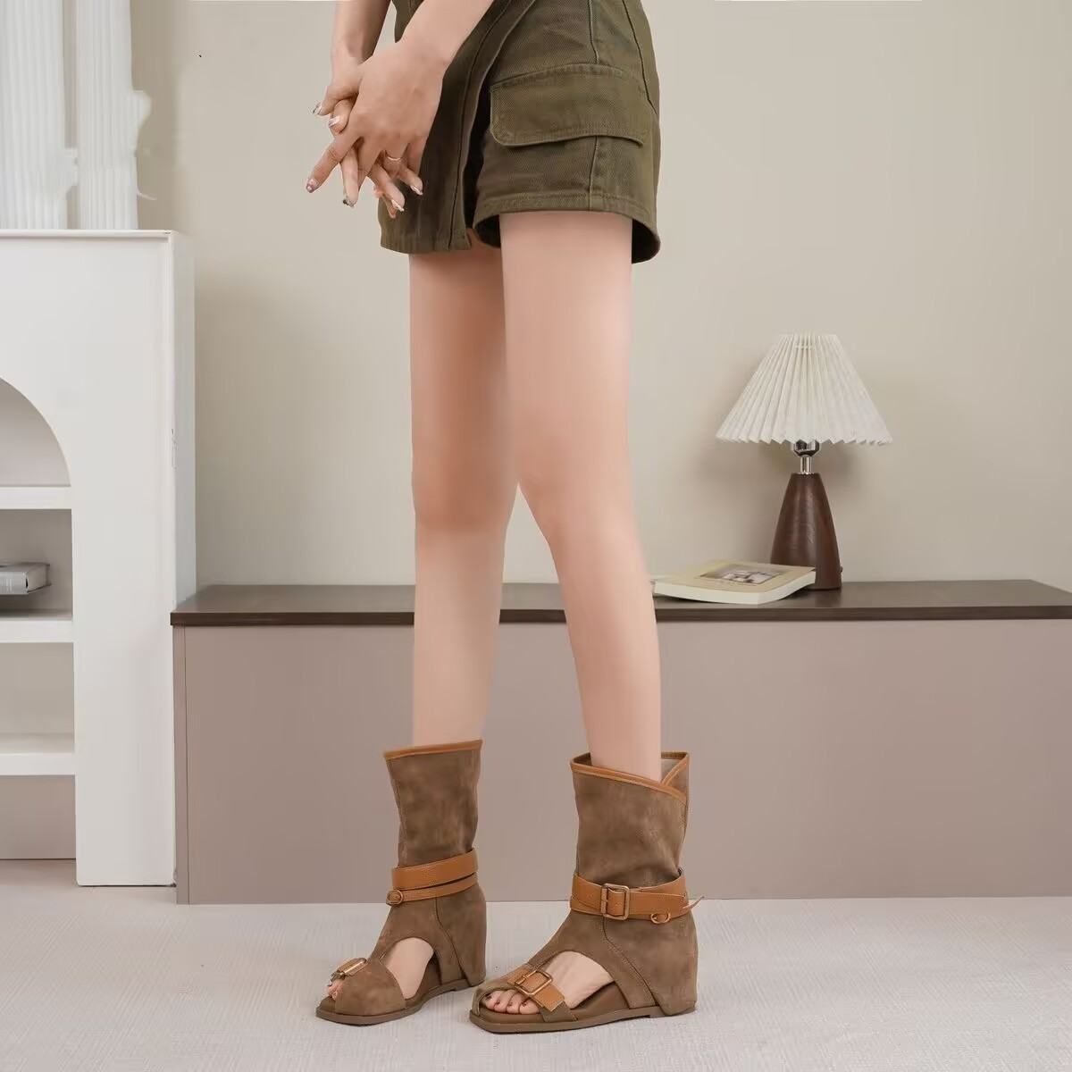 Women Retro European & American Style Buckle Breathable Ankle Fashion Boots, 3cm Hidden Wedge Versatile Summer Sandal Boots