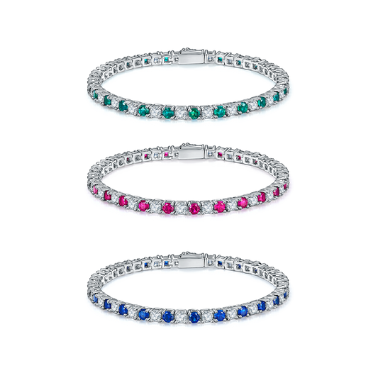 S925 Sterling Silver 3x3mm Lab-Grown Gemstone Tennis Bracelet For Women 16.5cm 8.6g Red Blue Green Options Platinum Plated Gift Box