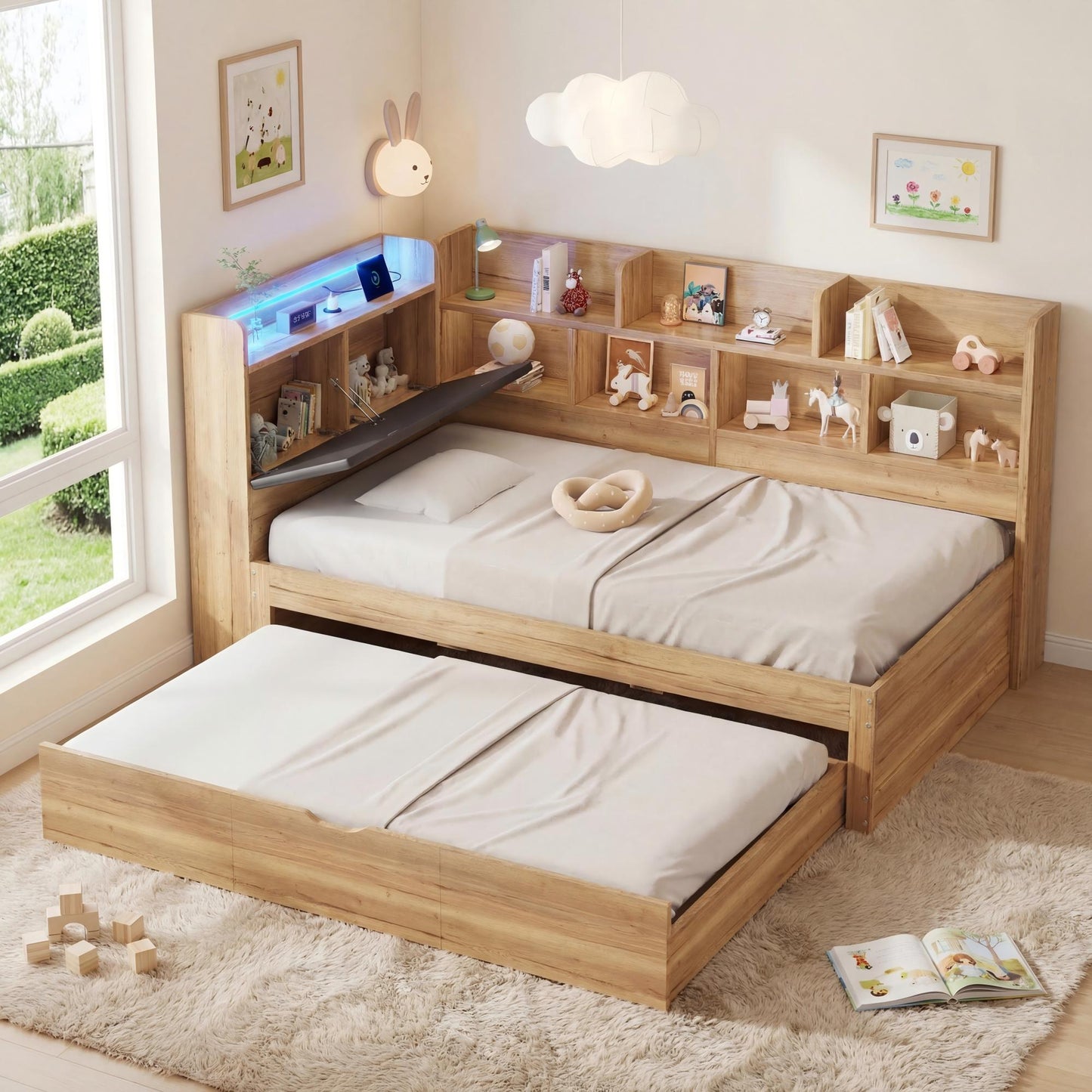 Children's Bed, Storage Bed 90x200 With LED Lighting, USB Charging Ports And Pull-out Bed 90x190cm, Daybed, L-shaped Wooden Bed, Daybed With Shelves, Natural Colour