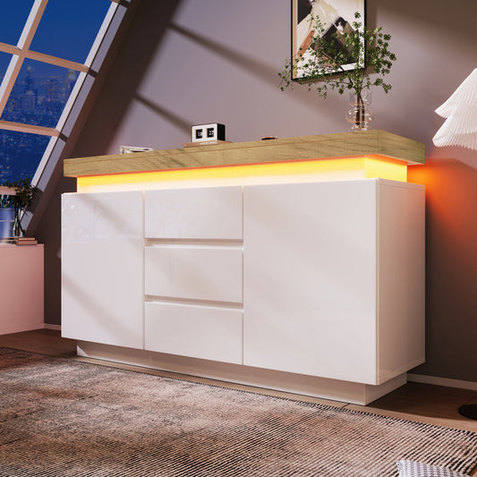 Chest Of Drawers, High-gloss Sideboard With 2 Doors And 3 Drawers, LED Lighting  App Control , Multi-purpose Wardrobe For Living Room And Bedroom, 81 X 140 X 39 Cm, White