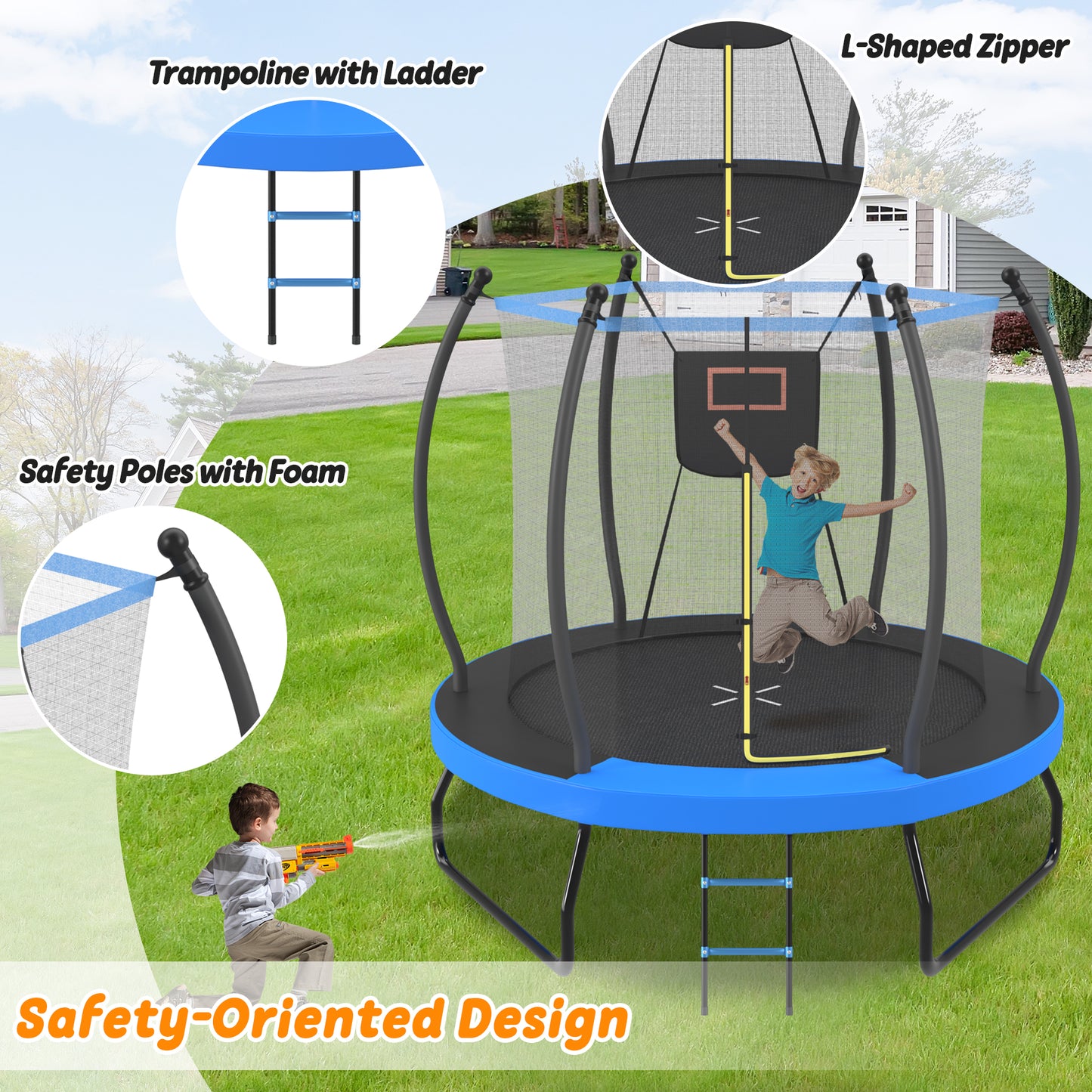 8FT Trampoline With Basketball Hoop, Enclosure Net And Ladder, Outdoor Trampoline For Kids, Recreational Backyard Trampoline