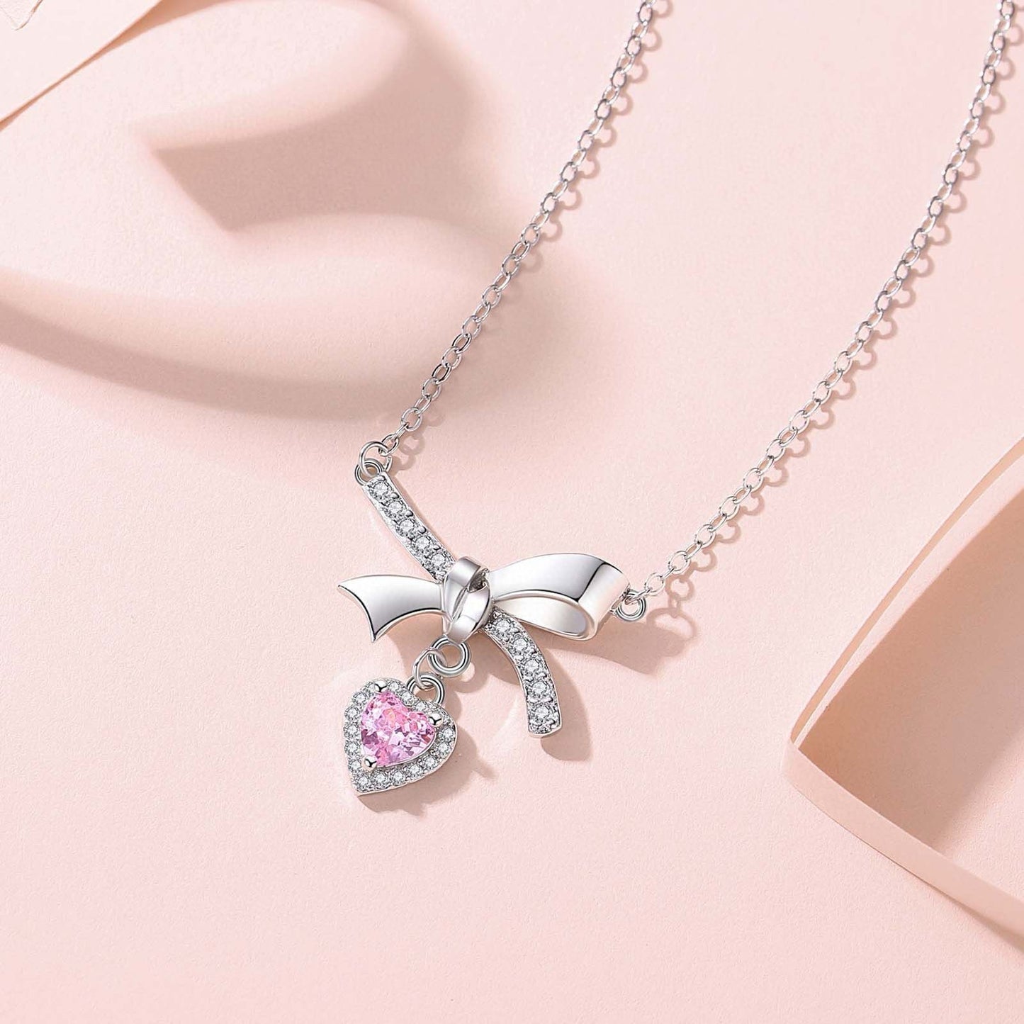 1pcs 999 Sterling Silver Bowknot & Pink Heart Necklace, Elegant Trendy Style, Ideal For Valentine's & Birthday Gifts