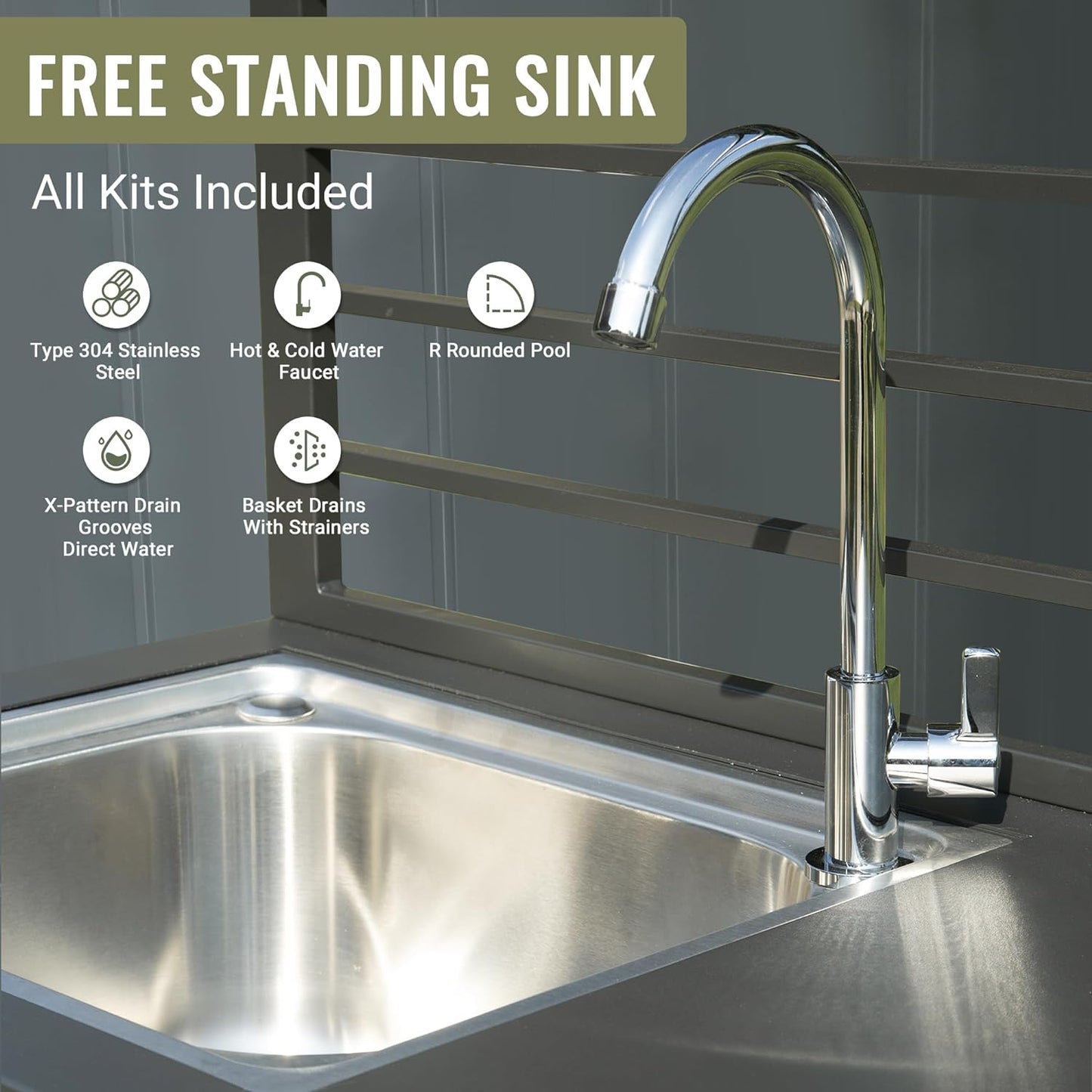 Outdoor Kitchen Island With Storage, Aluminum Kitchen Storage Island Stainless Steel Outdoor Sink W  Faucet & Drainboard, Freestanding Storage Shelves With Protective Cover Indoor Outdoor