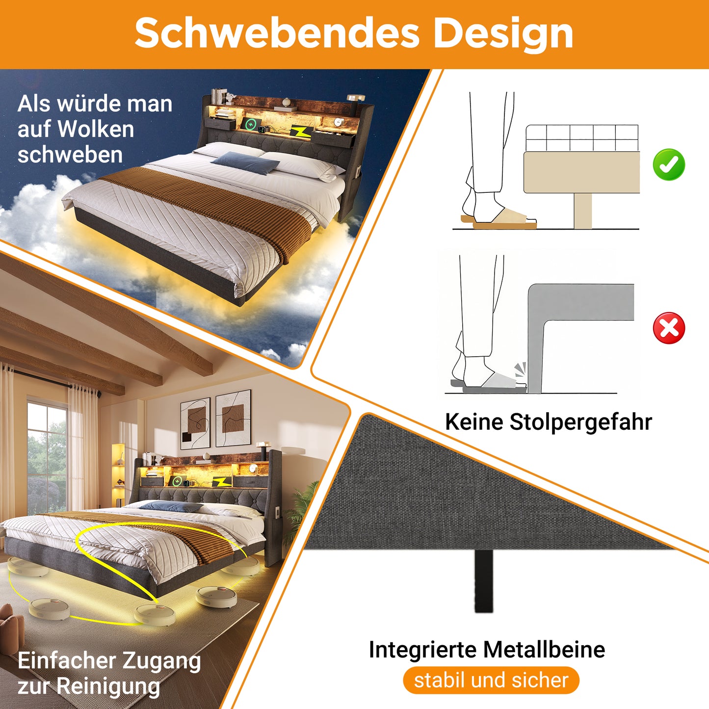 Upholstered Bed 160x200 Cm Floating Bed With LED Lighting, Headboard And Charging Station 1 Type-C, 3 USB Ports , Modern Double Bed With Storage Headboard And Slatted Base, Linen, Grey Without Mattres