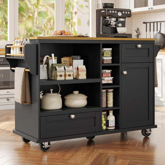 Dining Trolley 129 X 46 X 92 Cm, Modern And Simple Black Mobile Kitchen Dining Trolley With Drawers And Storage Cupboards, Light Brown Wooden Worktop, Suitable For Modern Families, Black