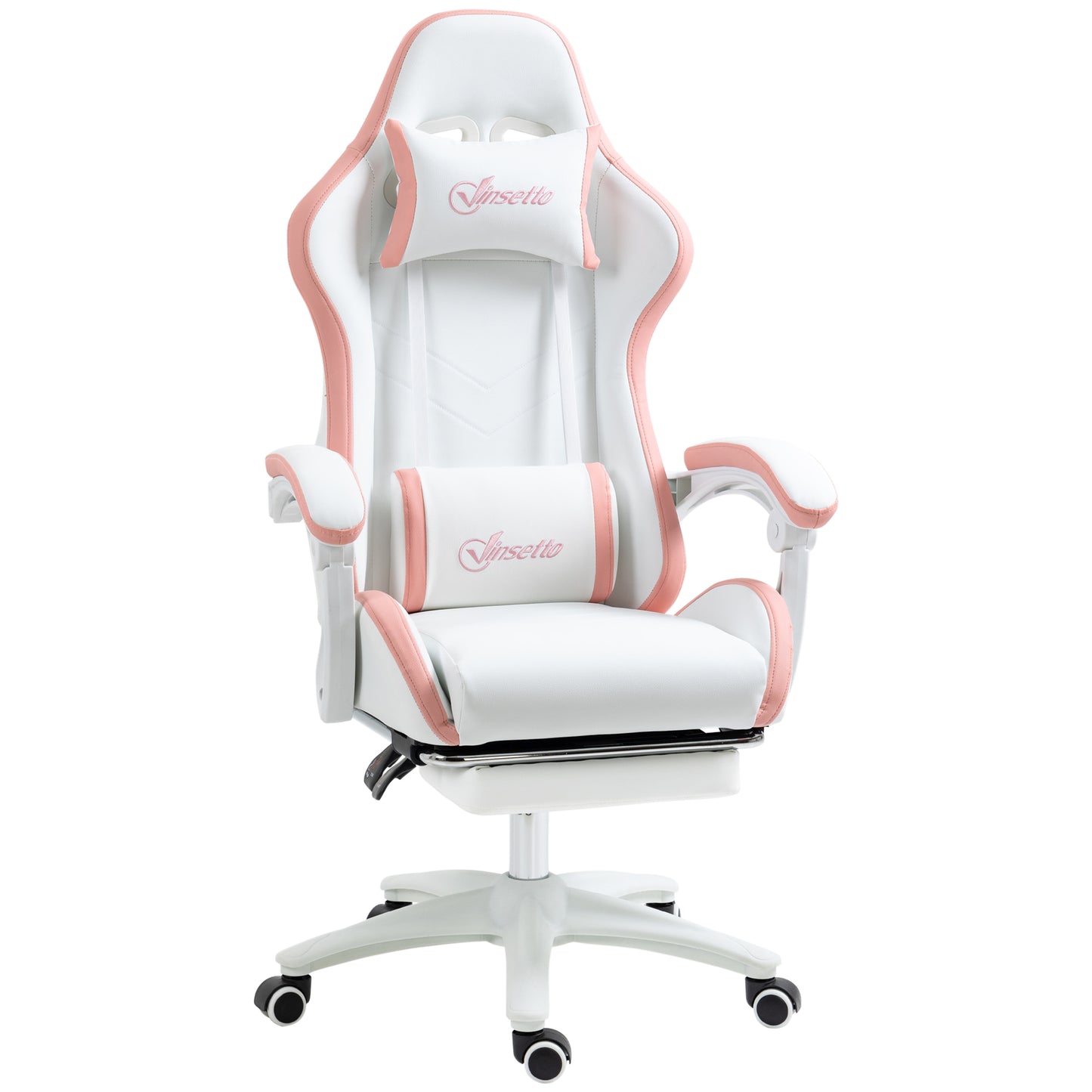 Vinsetto Computer Gaming Chair, PU Leather Office Desk Chair With Footrest, Swivel Wheels, 135° Reclining Back, Lumbar Support, Headrest For Home, White And Pink