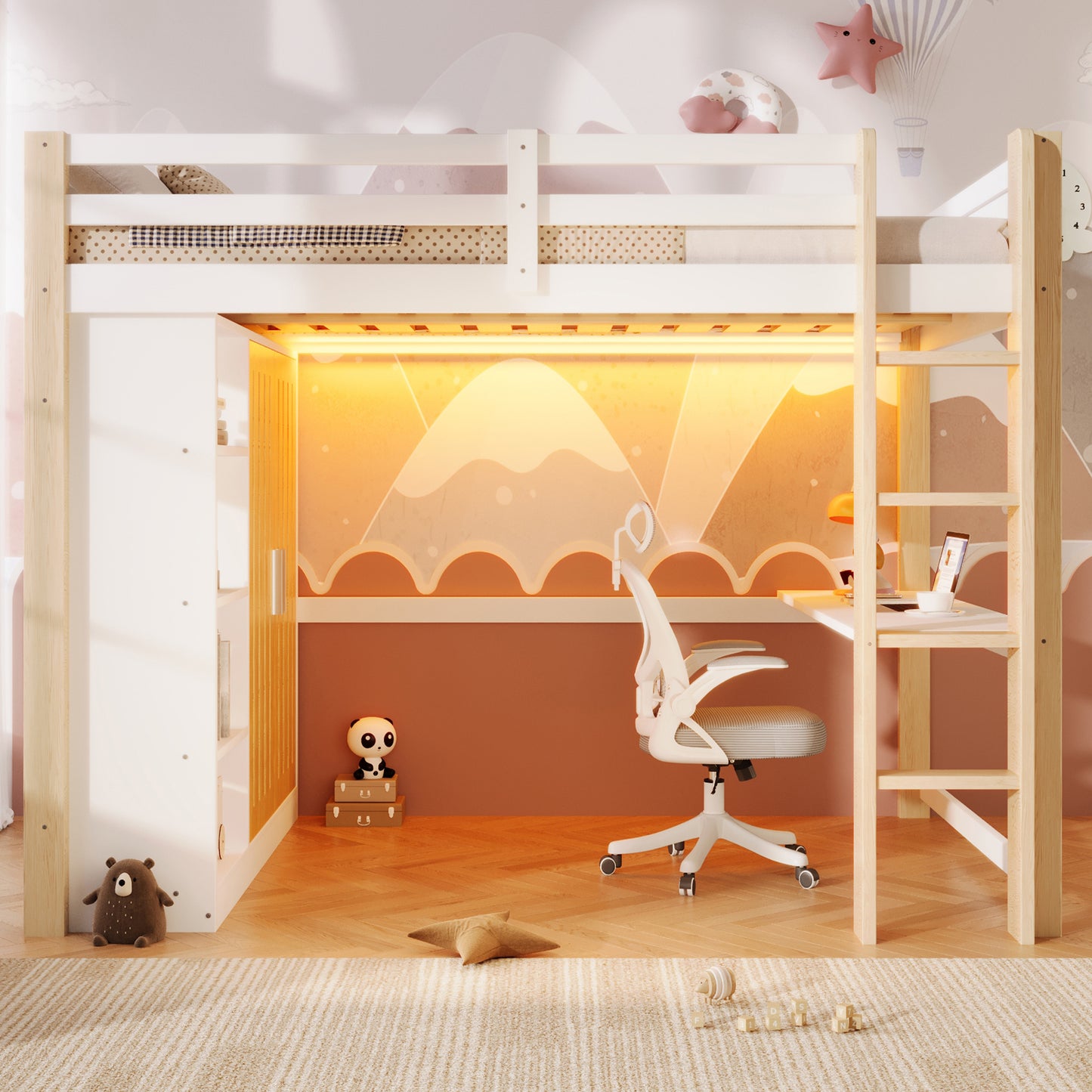 Loft Bed, 140x200cm, With LED Lights, Wardrobe, Shelf, Desk, Without Mattress, White Natural
